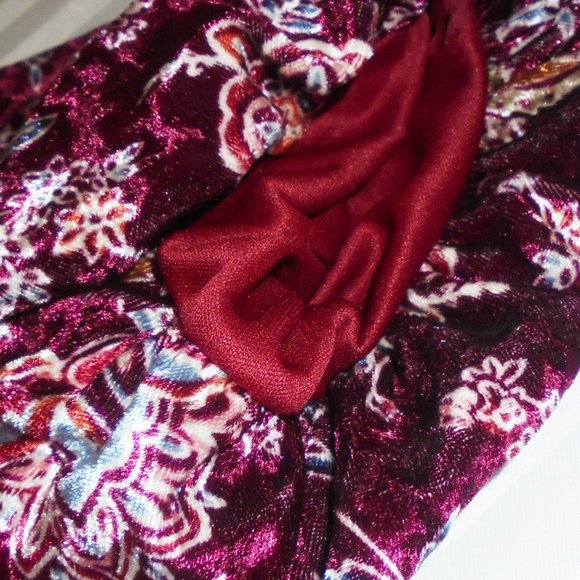 Dress Velvet Puffed Short Sleeve knee-length Floral Burgundy retro - Picture 6 of 8